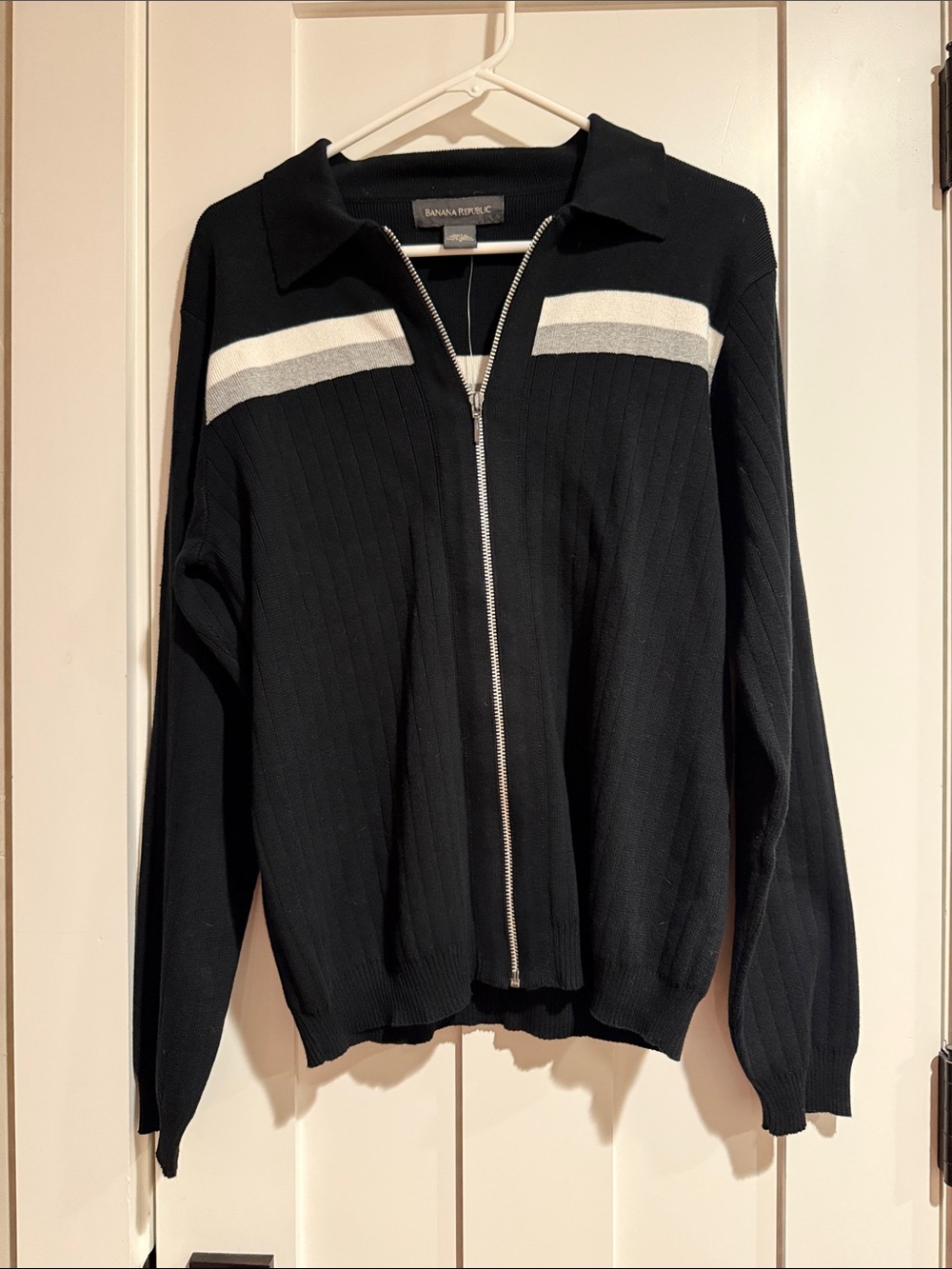NWT Banana Republic Black Zip Knit Jacket with White Chest Stripe